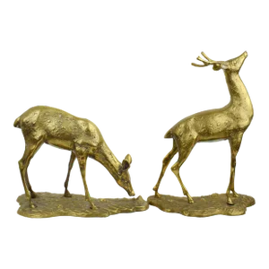 Mid 20th Century Large Gold Brass Deer Buck Figurines Model - a Pair