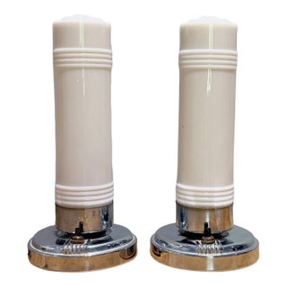 Pair of Art Deco Streamline Moderne Milk Glass & Chrome Accent Lamps, C. 1940s For Sale