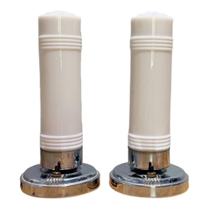 Pair of Art Deco Streamline Moderne Milk Glass & Chrome Accent Lamps, C. 1940s