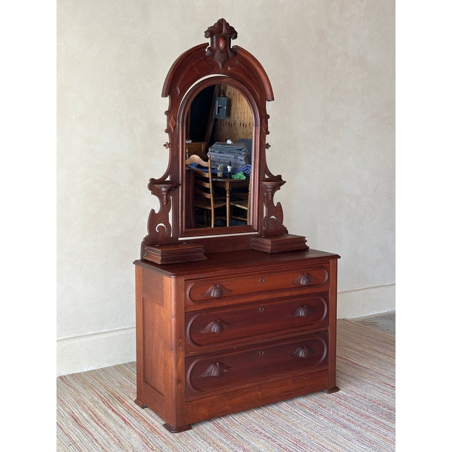 Brown Antique Mid-19th Century Walnut Dresser With Arched Mirror & Hidden Drawer For Sale - Image 8 of 11