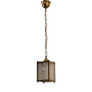 Mid-Century Brass Box Pendant with Textured Ice Glass, 1960s For Sale