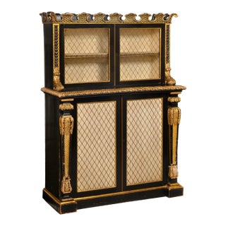 Regency Period Black and Gilt Painted Bookcase Cabinet, 19th Century For Sale