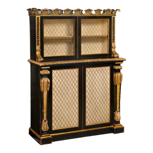 Regency Period Black and Gilt Painted Bookcase Cabinet, 19th Century For Sale