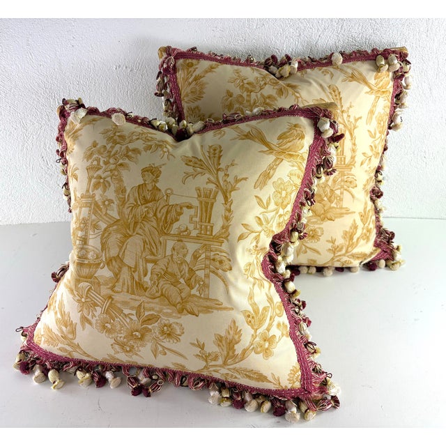 2020s Vintage Travers Tasseled Chinoiserie Cotton Print Pillows/a Pair. For Sale - Image 5 of 11