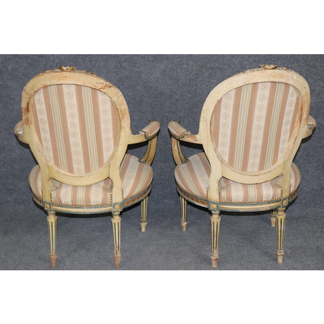 Pair of 19th C. French Louis XVI Paint Decorated & Gilt Carved Armchairs For Sale - Image 4 of 12