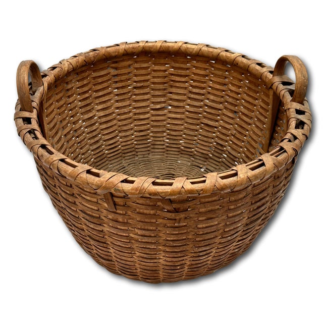 Outstanding Large Size Antique American Hand Woven Ash Wood Splint Maine Apple Farm Harvest Basket For Sale - Image 11 of 18
