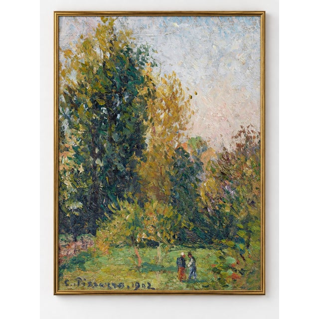 This reproduction Autumn landscape art print of Camille Pissarro’s Paysage avec deux personnages, Éragny, automne (1902)...