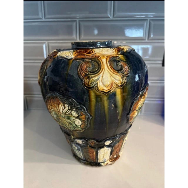 Antique Cobalt Blue Sancai Glaze Style Urn 1970’s Reproduction Vase Majolica Pottery 11" High X 10" For Sale - Image 10 of 12