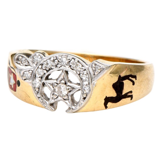 14KYW Vintage Shriners Diamond(0.15) Enamel Ring, size 11.5 For Sale