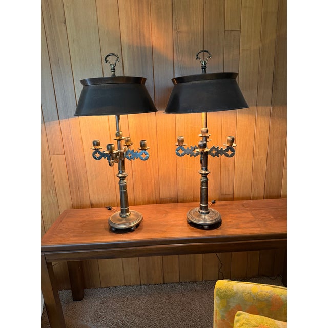 Pair of Mid-Century Frederick Cooper Brass Bouillotte Table Lamps With Adjustable Brass Tôle Shades For Sale - Image 10 of 10