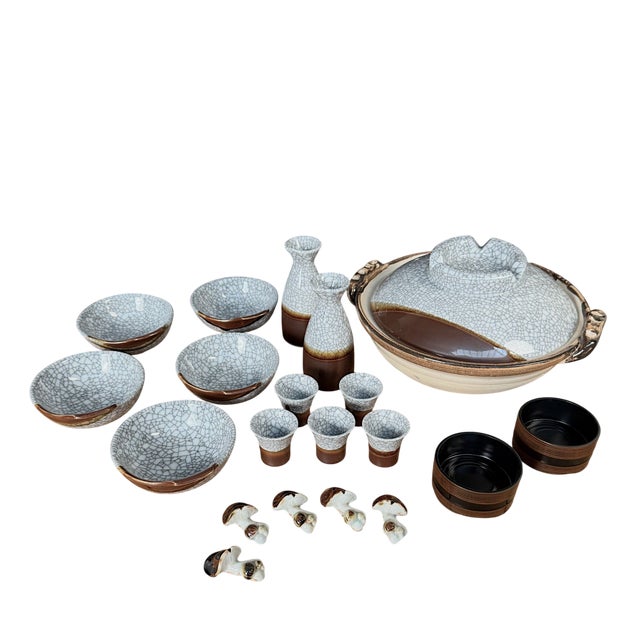 Japanese Ceramic Set with Donabe and Sake Service, 1970s, Set of 20 For Sale