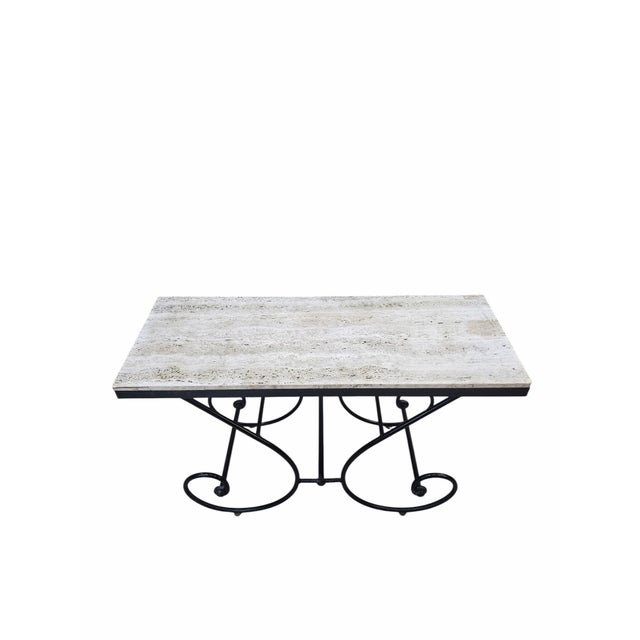 Spanish Revival Mid 20th Century Hollywood Regency Stone Top Table With Sculptural Wrought Iron Scroll Base For Sale - Image 3 of 8