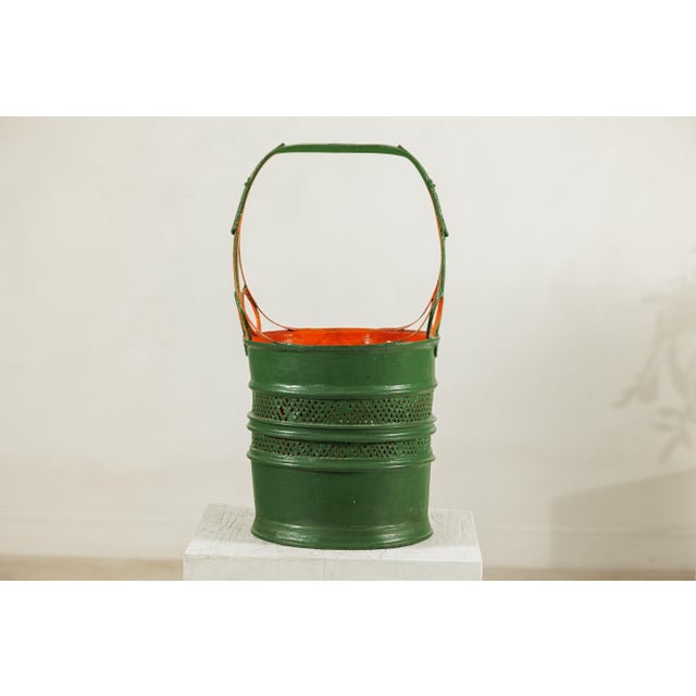 Antique Lacquered Metal Basket with Openwork Design in Green and Orange Finish For Sale - Image 13 of 18