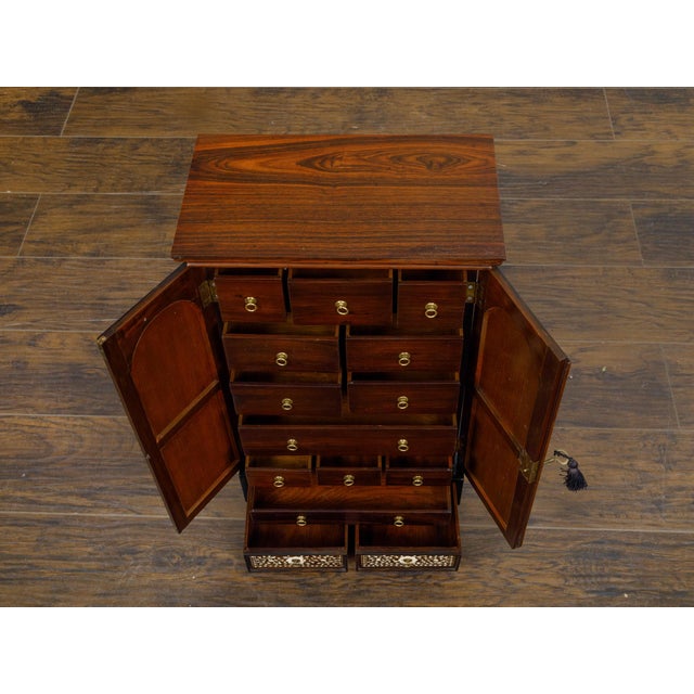 English 19th Century Miniature Cabinet with Scrollwork Inlay and Inner Drawers For Sale - Image 10 of 12