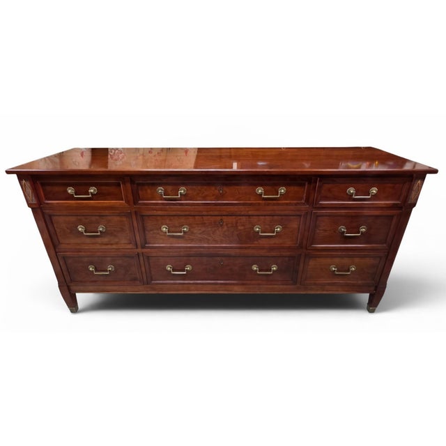 Traditional Stickley Solid Cherry Nine-Drawer Triple Dresser With Brass Hardware and Diamond Carved Accents, Circa 1990s For Sale - Image 3 of 14