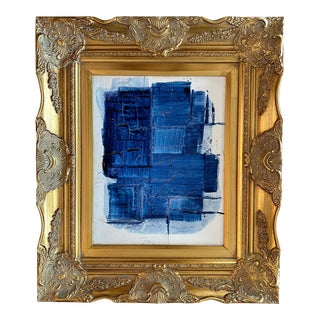 Original Blue and White Abstract Painting on Linen Canvas. Gilt Wooden Frame For Sale