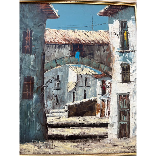 Mid Century Architectural Landscape Oil Painting Framed and Signed by the Artist. Circa 1960s For Sale - Image 13 of 15