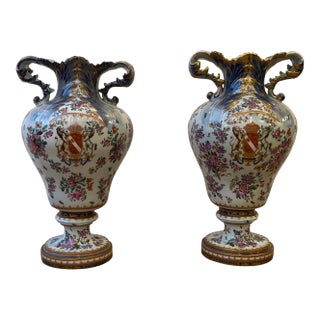 Late 19th Century Naples Capodimonte Porcelain Armorial Urns - A Pair For Sale