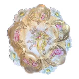 Antique Porcelain Molded Floral Bowl Heavy Gold Gilt Ornate C1910 Orchids Roses For Sale
