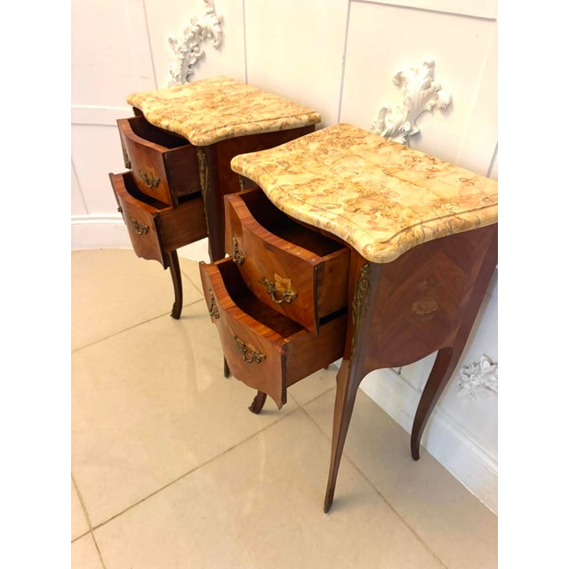 Antique French Kingwood Marquetry Marble Top Nightstands, 1920, Set of 2 For Sale - Image 6 of 18