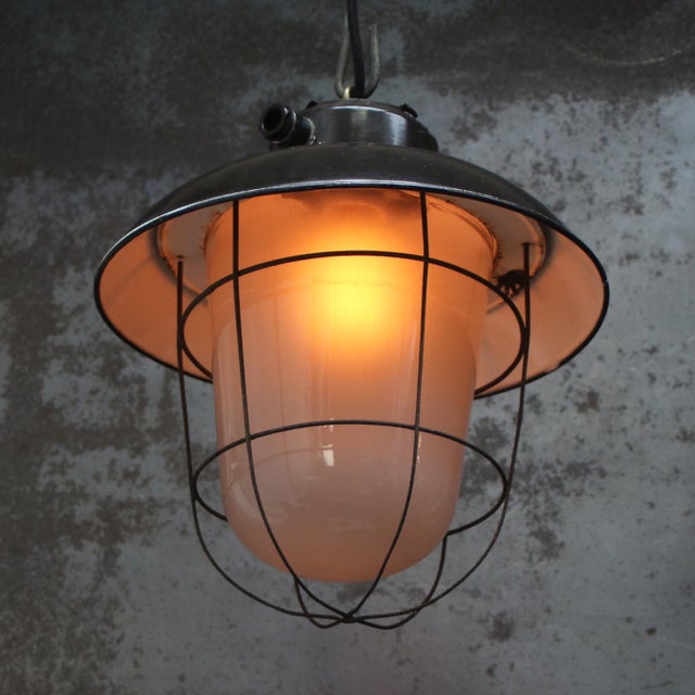 Industrial Vintage Industrial Black Enamel and Frosted Glass Pendant Light For Sale - Image 3 of 7