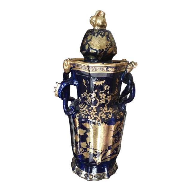 19thc French Antique Art Nouveau XL Cobalt Blue With Gilt Floral/ Insect Palace Covered Porcelain Urn For Sale