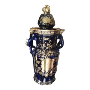 19thc French Antique Art Nouveau XL Cobalt Blue With Gilt Floral/ Insect Palace Covered Porcelain Urn