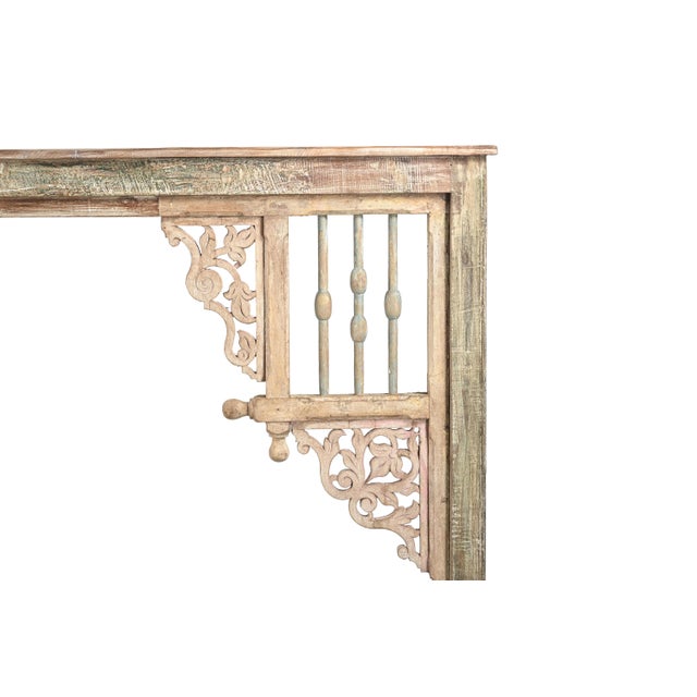 Indian King Size Headboard constructed from Antique Indian Architectural Components, featuring carved teakwood archway...