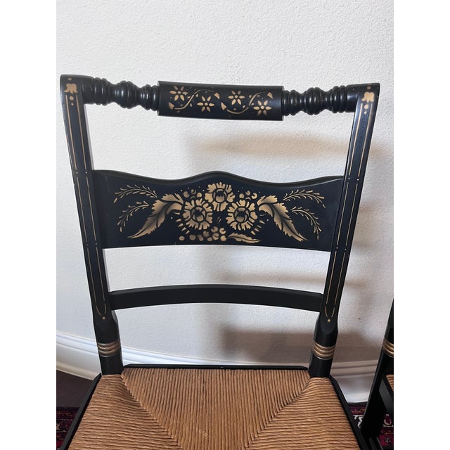 Set of 2 - Vintage Hitchcock Style Stenciled, Black and Gold Painted Chairs, Rush Seats For Sale In Dallas - Image 6 of 12
