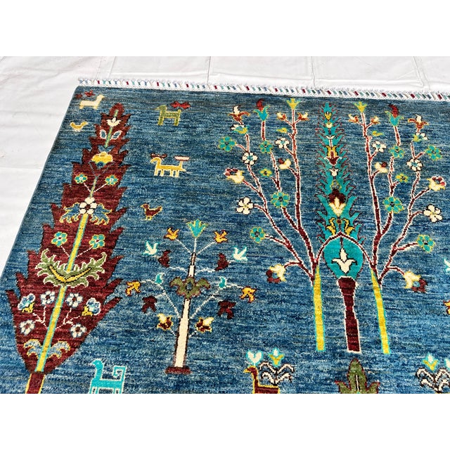 Blue Blue Afghan Pictorial Tree of Life Hand-Knotted Wool Rug - 7'10" X 5'9" For Sale - Image 8 of 11