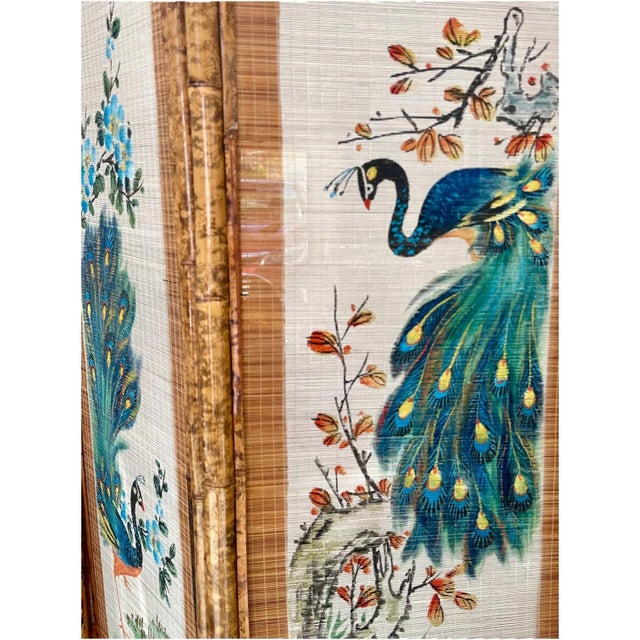 Mid-Century Hand Painted Peacocks Folding Room Divider Screen Tortoise Finish Bamboo. Bohemian, Tiki, Eclectic, Asian Style. For Sale - Image 14 of 16