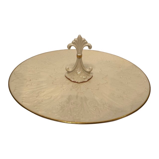 Vintage Lenox Ivory China Handled Serving Plate, Gold Trim, Embossed Pattern, Made in Usa For Sale