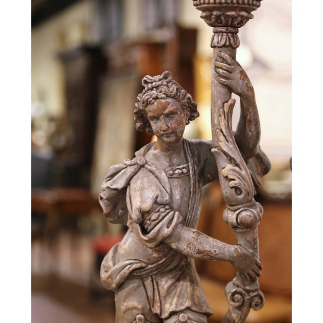 Late 19th Century 19th Century Italian Carved and Grey Painted Figure Candlesticks - a Pair For Sale - Image 5 of 13