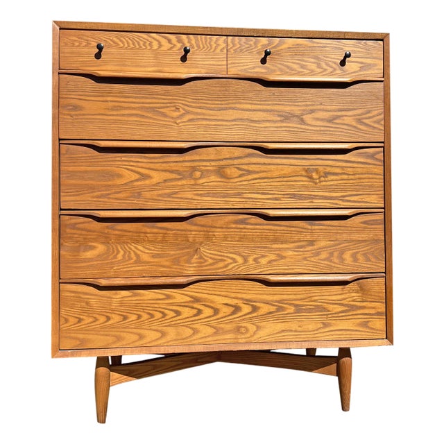 Vintage Mid Century Modern Oak and Cane Floating Highboy Tall Dresser Chest of Drawers For Sale
