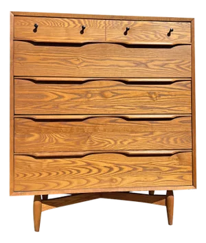 Vintage Mid Century Modern Oak and Cane Floating Highboy Tall Dresser Chest of Drawers