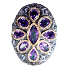 Gold and Silver Ring with Inlaid Zirconias and Amethysts For Sale