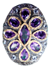 Gold and Silver Ring with Inlaid Zirconias and Amethysts