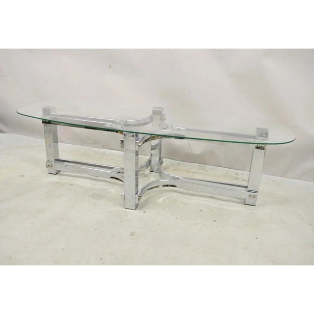 Vintage Mid Century Modern Oval Glass Top Sculptural Chrome Frame Coffee Table For Sale - Image 10 of 10