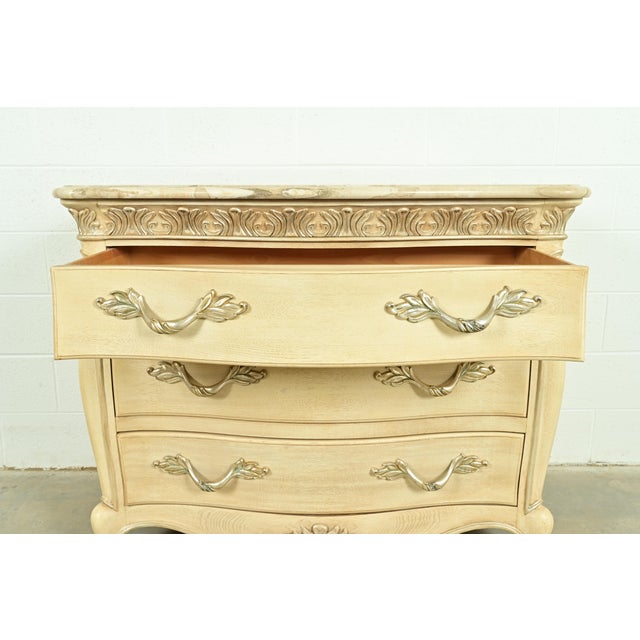 Wood Henredon French Rococo Louis XV Carved Oak and Silver Gilt Marble Top Commode or Chest of Drawers For Sale - Image 7 of 18