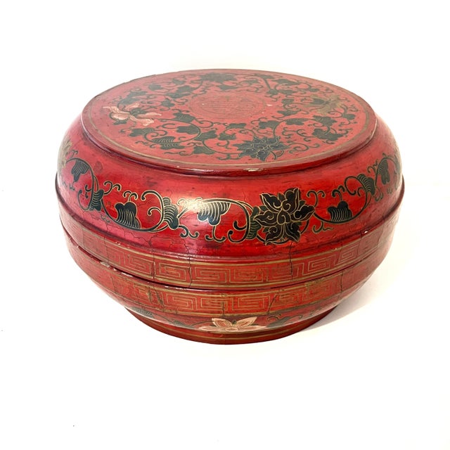 Brick Red Large 14" Antique Chinese REd Lacquer Wedding Box For Sale - Image 8 of 16