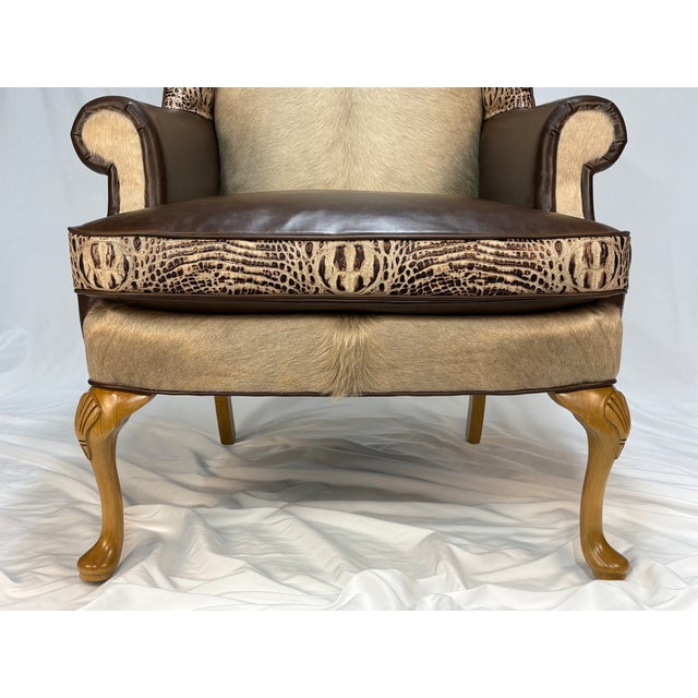 1970s Custom Wingback Chair in Brazilian Champagne Hair-on-Hide & Italian Espresso Leather – Crocodile Embossed Accents For Sale - Image 10 of 11