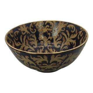 Asian Porcelain Vintage Asian Orchid Bowl Blue Black Gold Floral Tapestry Motif Chinese Oriental Decorative Bowl For Sale