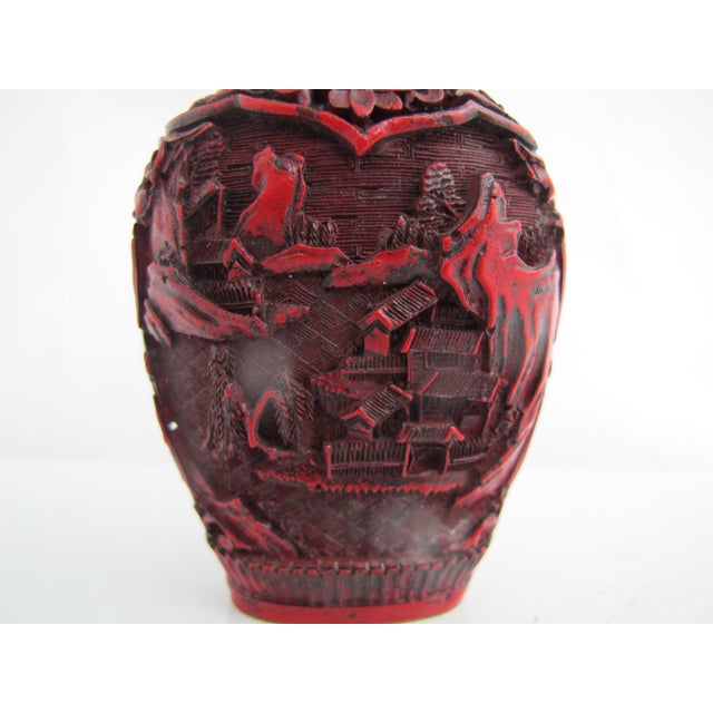Vintage Chinese Red Cinnabar Lacquerware Village Scene Snuff Bottle For Sale In Portland, OR - Image 6 of 10