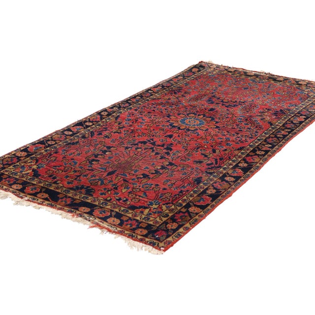 79285 Antique Red Persian Sarouk Rug, 02'06 x 04'10. This hand-knotted wool antique Persian Sarouk rug is a rare jewel of...