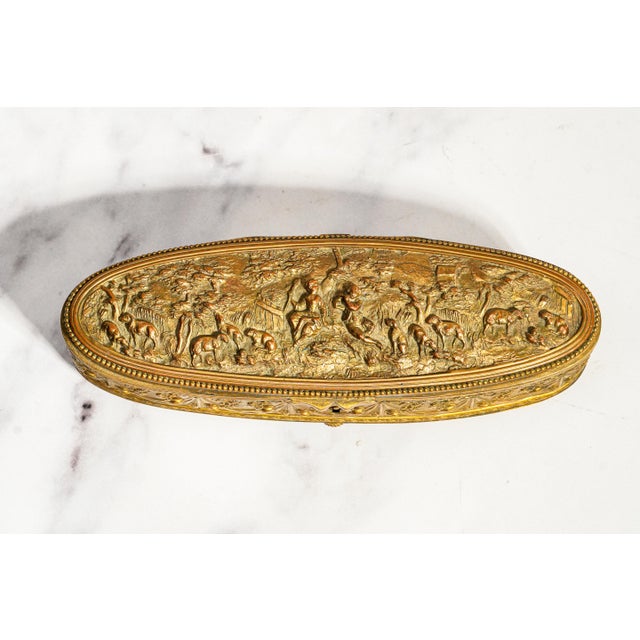 Classy Small Antique French Jewelry Casket Box Gilt Metal Pastoral Relief Trinket Box Made in France Victorian Home Decor For Sale - Image 4 of 14