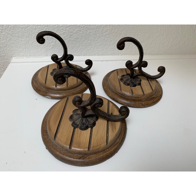 Farmhouse Earthy Rustic Wood and Iron Decor Wall Hooks-Set of Three For Sale - Image 3 of 9
