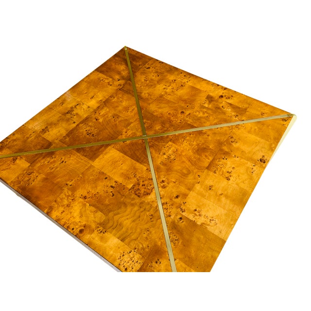 Brown Vintage 1970s Burl Wood & Brass Coffee Table | Hollywood Regency Milo Baughman Style | Parquet Burl Cocktail Table For Sale - Image 8 of 16