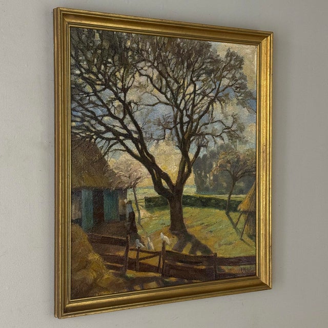 Framed Oil Painting on Canvas by Victor Mullie 'Farmyard Beneath the Trees' For Sale - Image 4 of 16