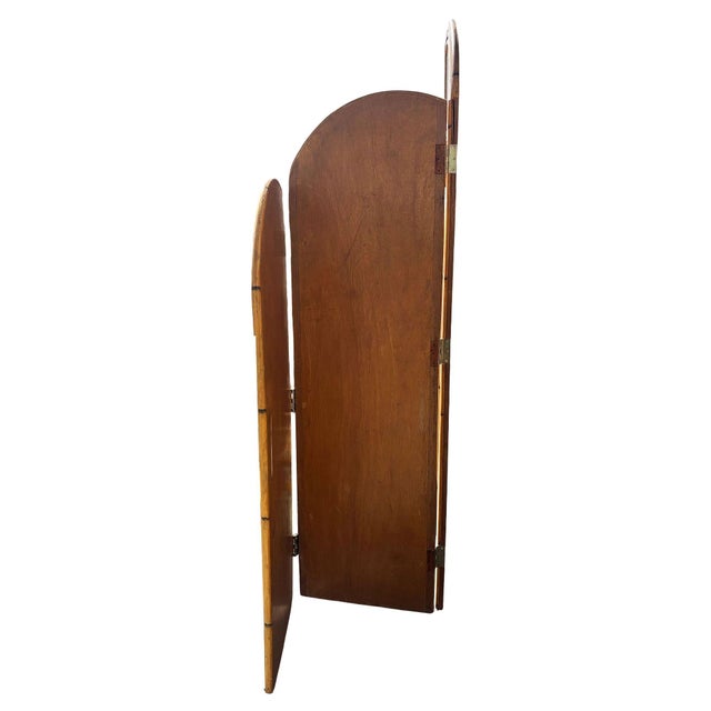 Yellow 1950s Restored 3-Panel Art Deco Palm Frond Design Rattan Mirror Folding Screen For Sale - Image 8 of 8