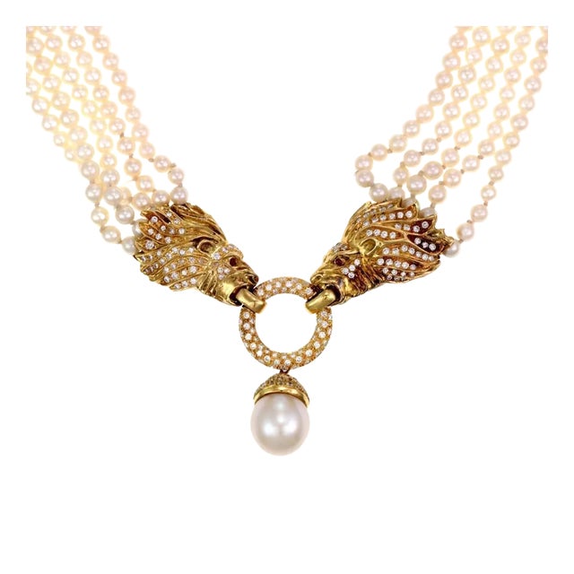 Lion Head Necklace Estate 2.50ct Diamond 18k Gold5 Strand Pearl For Sale